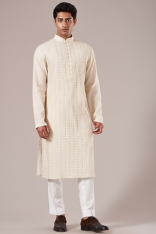 Vanilla Cotton Silk Embroidered Pintuck Kurta Set by Dhruv Vaish
