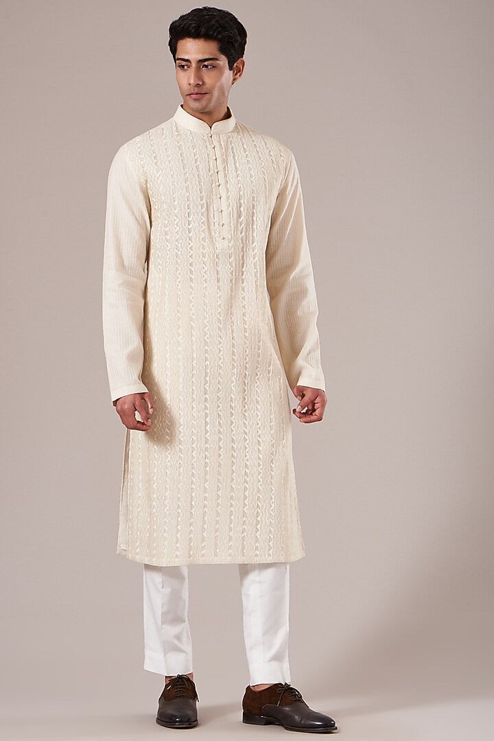 Vanilla Cotton Silk Embroidered Pintuck Kurta Set by Dhruv Vaish at Pernia's Pop Up Shop