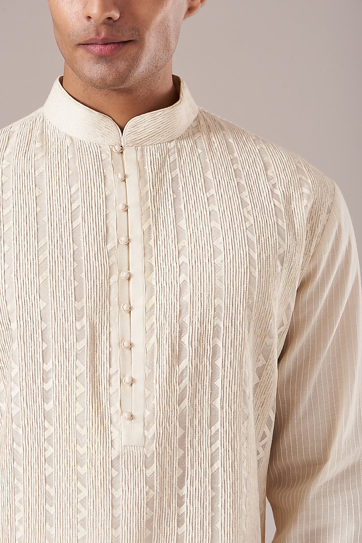 Vanilla Cotton Silk Embroidered Pintuck Kurta Set by Dhruv Vaish at Pernia's Pop Up Shop