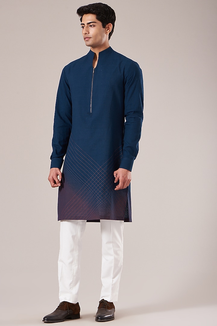 Indigo Handloom Cotton Printed Kurta Set by Dhruv Vaish at Pernia's Pop Up Shop
