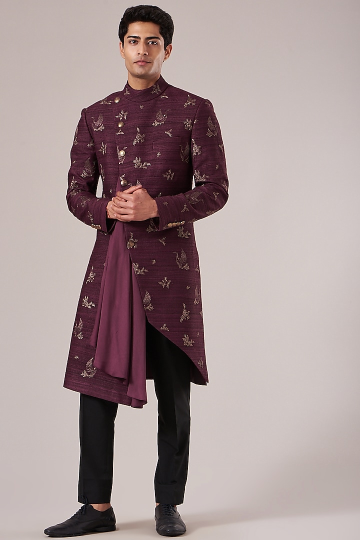 Old Mauve Embroidered Indowestern Set by Dhruv Vaish