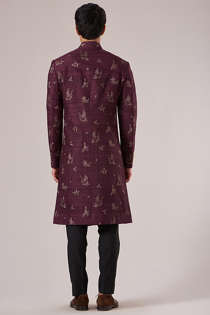 Old Mauve Silk Embroidered Wedding Indowestern Set by Dhruv Vaish at Pernia's Pop Up Shop