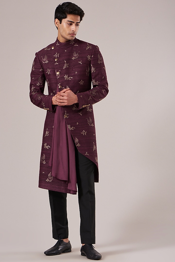 Old Mauve Silk Embroidered Wedding Indowestern Set by Dhruv Vaish at Pernia's Pop Up Shop