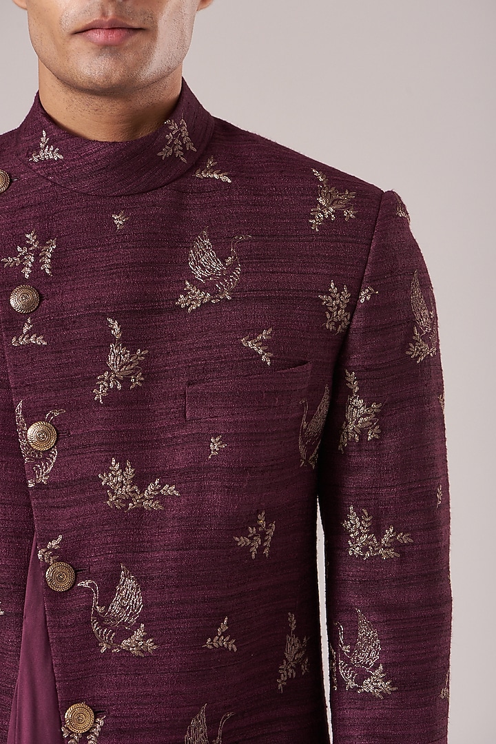 Old Mauve Silk Embroidered Wedding Indowestern Set by Dhruv Vaish at Pernia's Pop Up Shop