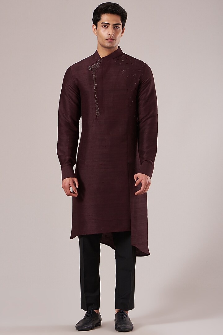 Old Mauve Raw Silk Metal Embroidered Kurta Set by Dhruv Vaish at Pernia's Pop Up Shop