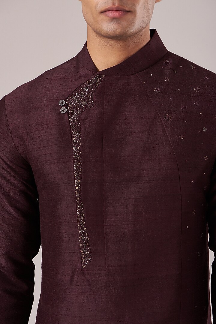 Old Mauve Raw Silk Metal Embroidered Kurta Set by Dhruv Vaish at Pernia's Pop Up Shop