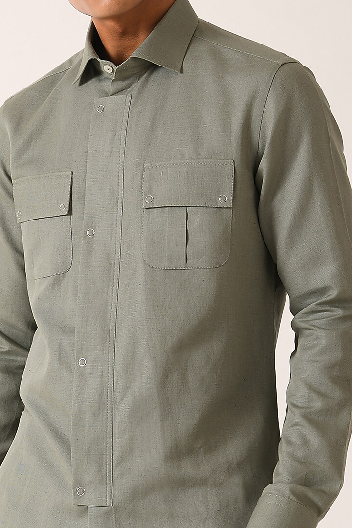 Sage Green Cotton Linen Party Wear Shirt by Dhruv Vaish at Pernia's Pop Up Shop