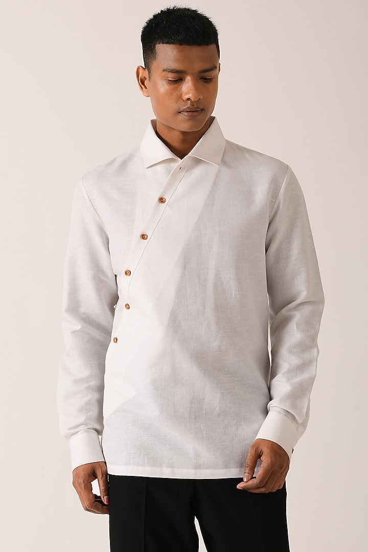 White Cotton Linen Party Wear Shirt by Dhruv Vaish at Pernia's Pop Up Shop
