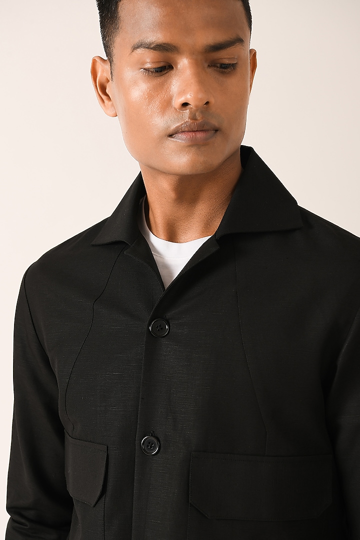 Black Cotton Linen Party Wear Shirt With Flap Pockets by Dhruv Vaish at Pernia's Pop Up Shop