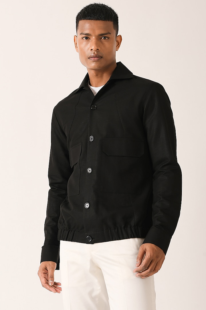 Black Cotton Linen Party Wear Shirt With Flap Pockets by Dhruv Vaish at Pernia's Pop Up Shop