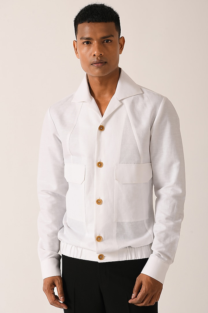 White Cotton Linen Shirt With Flap Pockets by Dhruv Vaish