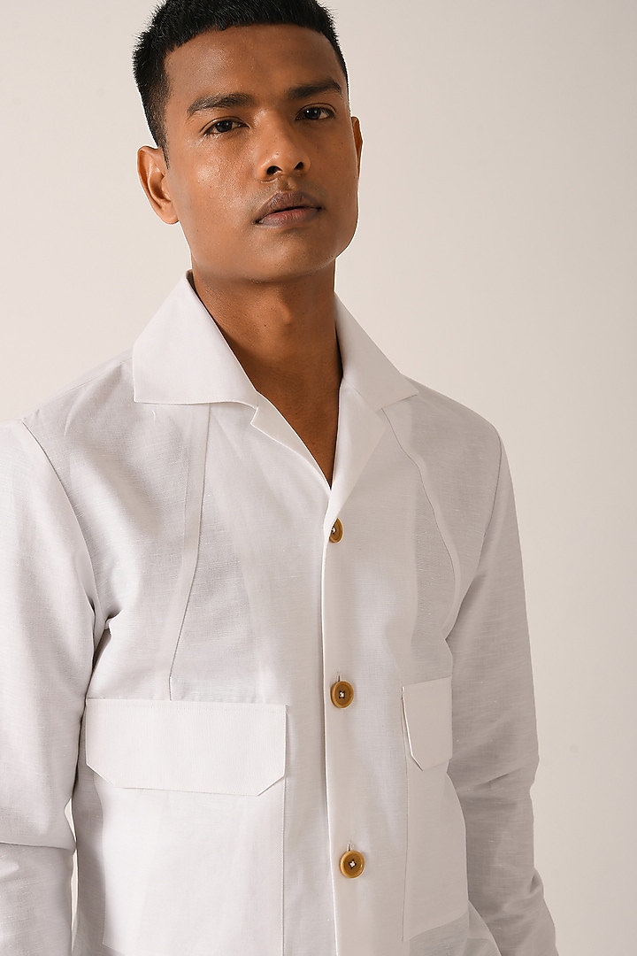 White Cotton Linen Party Wear Shirt by Dhruv Vaish at Pernia's Pop Up Shop