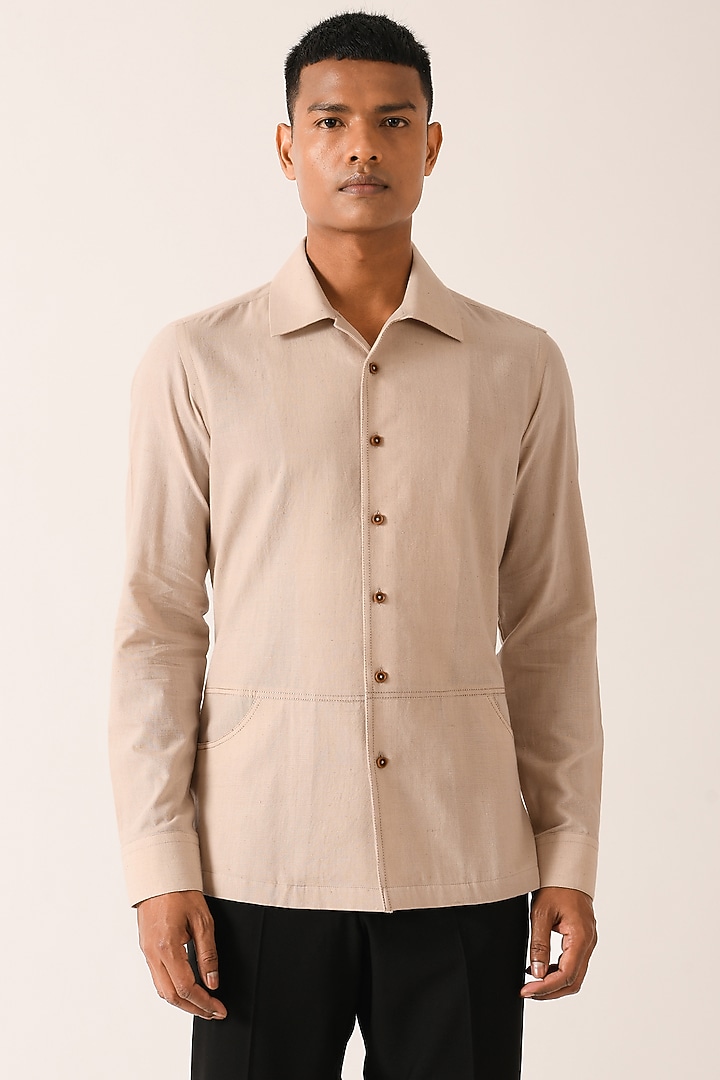Sandstone Handloom Cotton Party Wear Shirt by Dhruv Vaish at Pernia's Pop Up Shop
