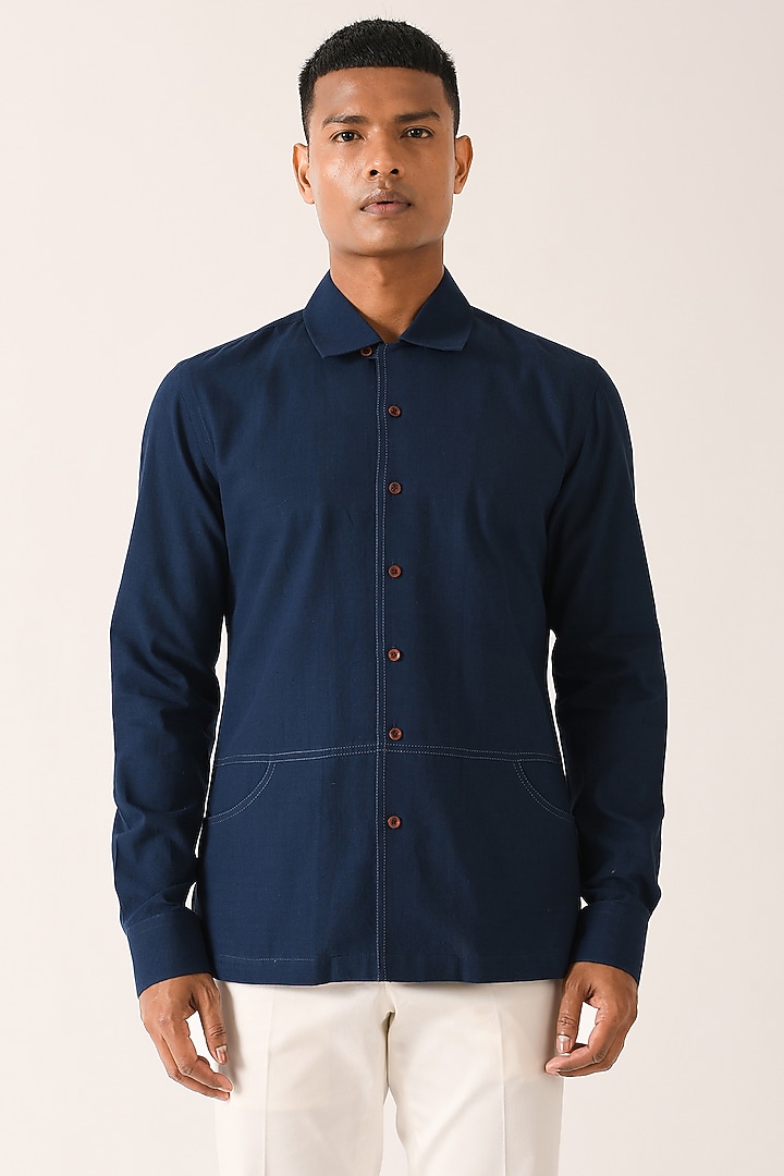 Navy Blue Handloom Cotton Party Wear Shirt by Dhruv Vaish at Pernia's Pop Up Shop