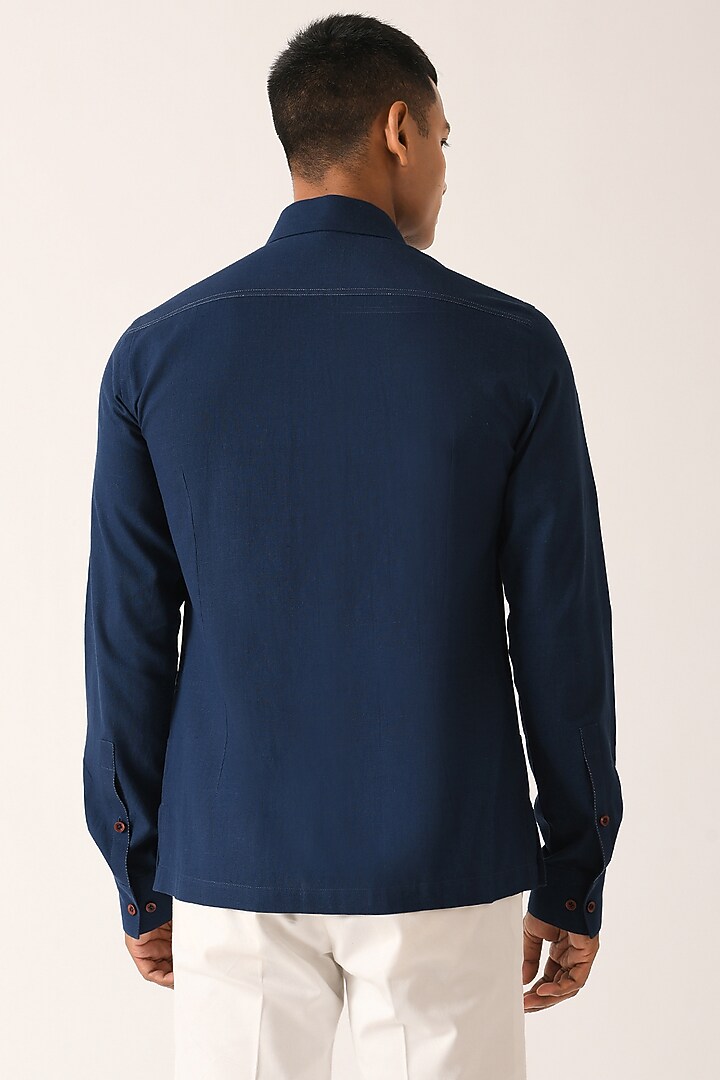Navy Blue Handloom Cotton Party Wear Shirt by Dhruv Vaish at Pernia's Pop Up Shop