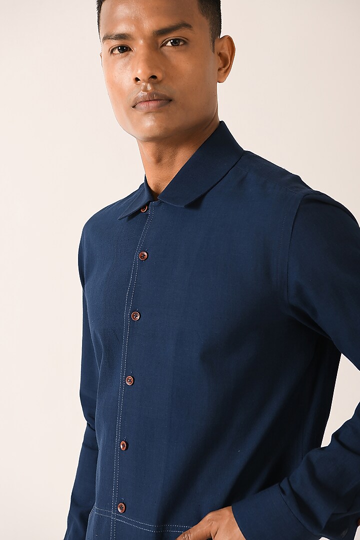 Navy Blue Handloom Cotton Party Wear Shirt by Dhruv Vaish at Pernia's Pop Up Shop