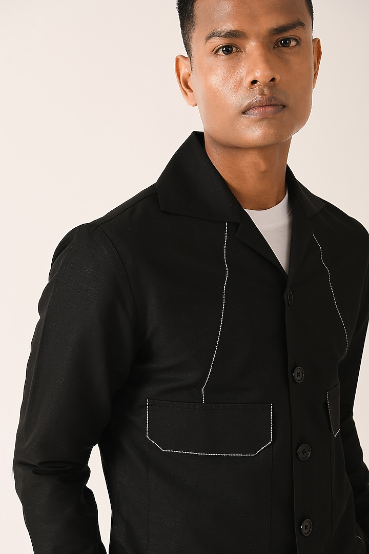 Black Cotton Linen Party Wear Shirt by Dhruv Vaish at Pernia's Pop Up Shop