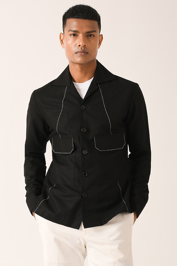 Black Cotton Linen Party Wear Shirt by Dhruv Vaish at Pernia's Pop Up Shop