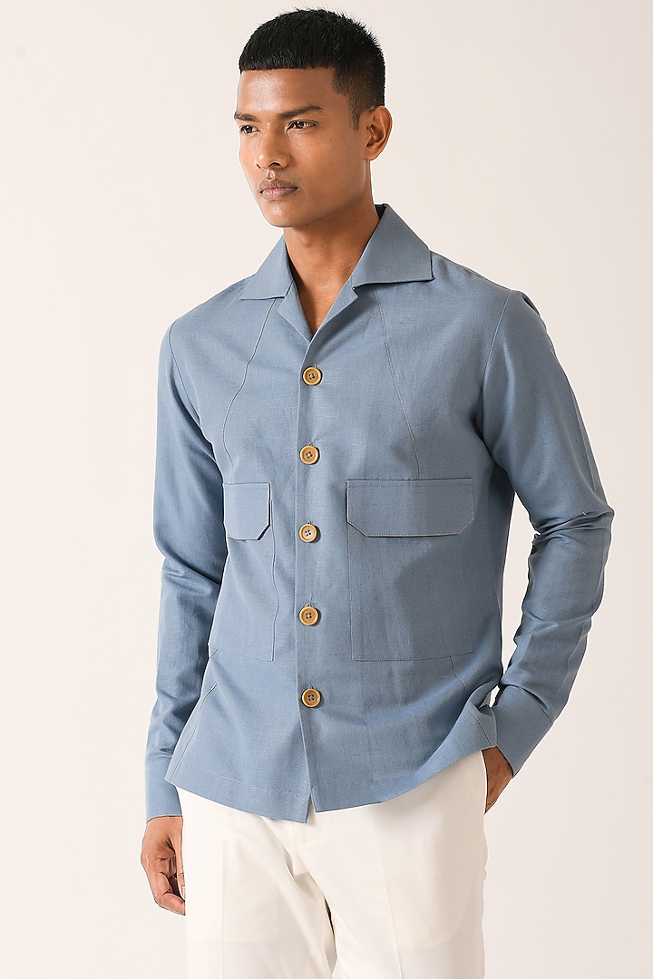 Capri Blue Cotton Linen Party Wear Shirt With Flap Pockets by Dhruv Vaish at Pernia's Pop Up Shop