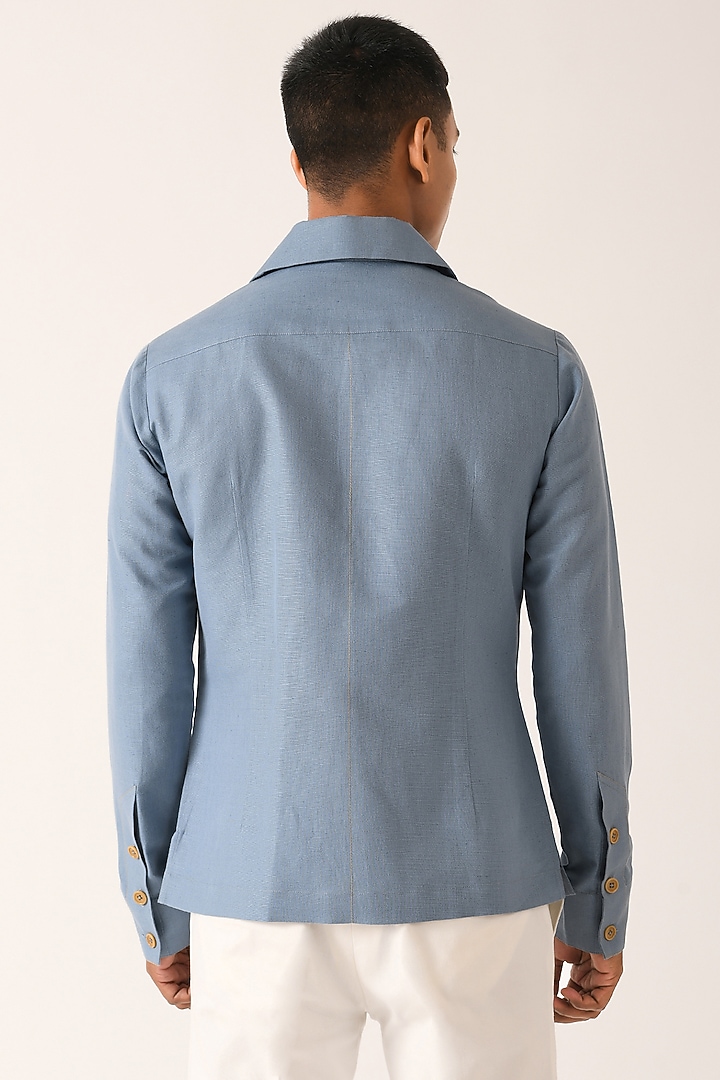 Capri Blue Cotton Linen Party Wear Shirt by Dhruv Vaish at Pernia's Pop Up Shop