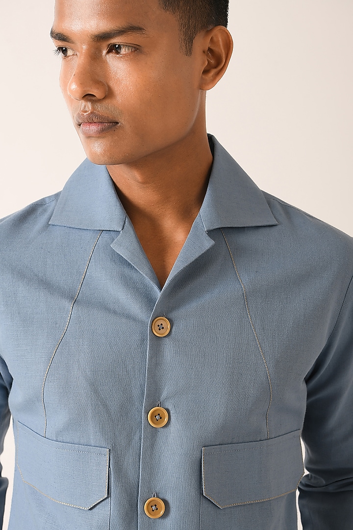 Capri Blue Cotton Linen Party Wear Shirt by Dhruv Vaish at Pernia's Pop Up Shop