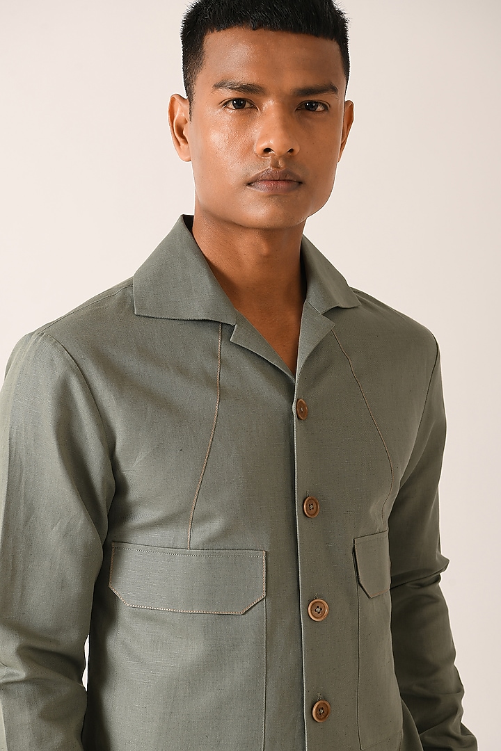 Sage Green Cotton Linen Party Wear Shirt by Dhruv Vaish at Pernia's Pop Up Shop