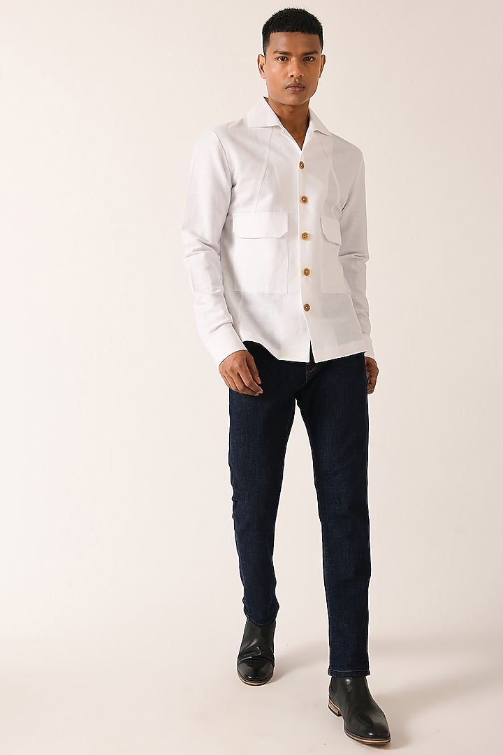 White Cotton Linen Party Wear Shirt by Dhruv Vaish at Pernia's Pop Up Shop