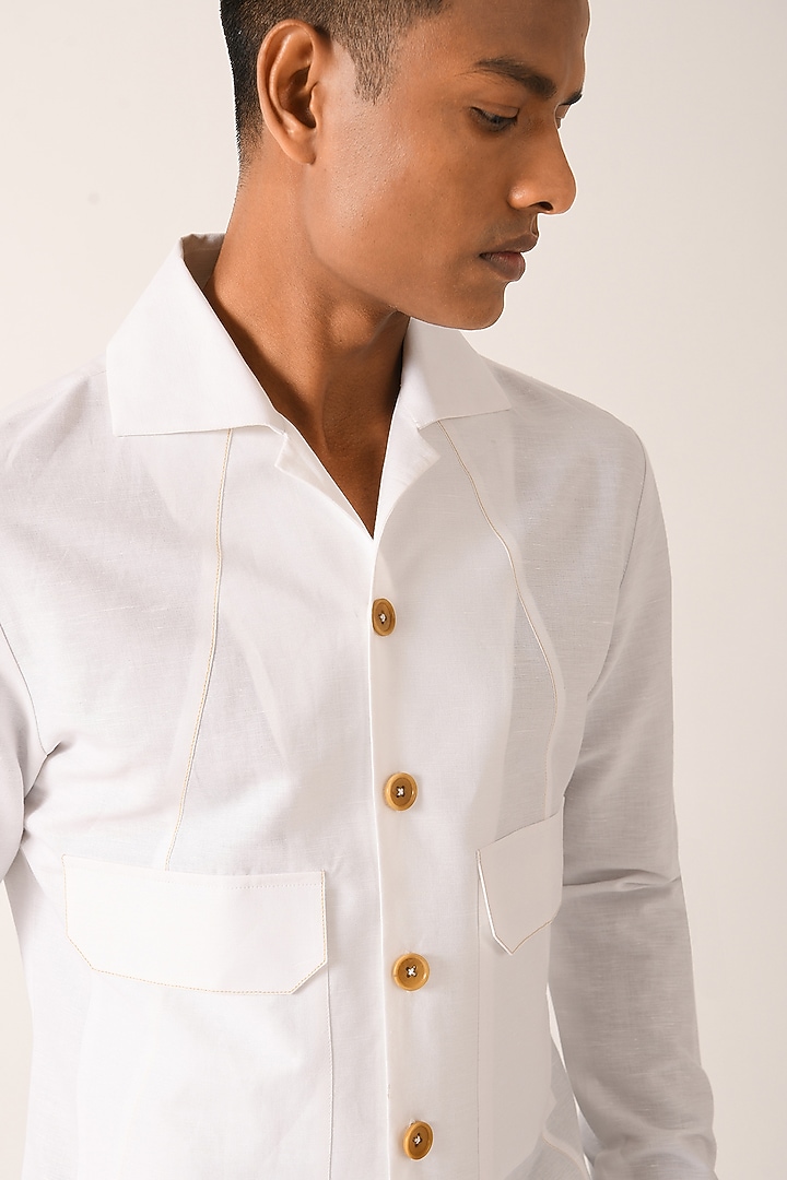 White Cotton Linen Party Wear Shirt by Dhruv Vaish at Pernia's Pop Up Shop