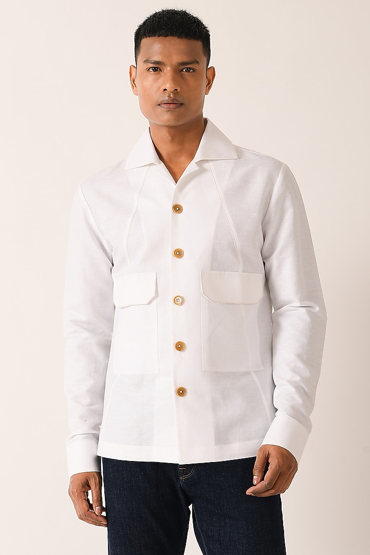 White Cotton Linen Party Wear Shirt by Dhruv Vaish at Pernia's Pop Up Shop