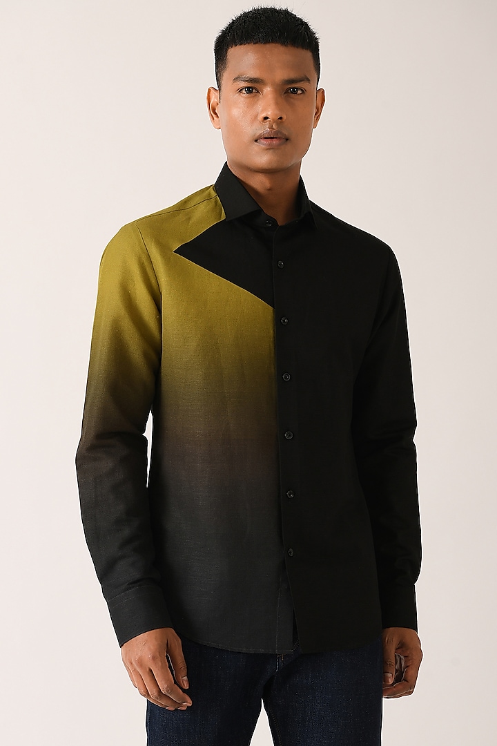 Black Half & Half Cotton Linen Shirt by Dhruv Vaish
