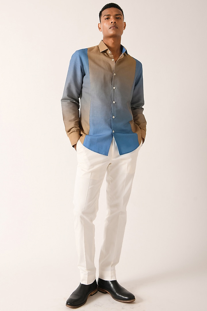 Blue & Beige Cotton Linen Party Wear Shirt by Dhruv Vaish at Pernia's Pop Up Shop