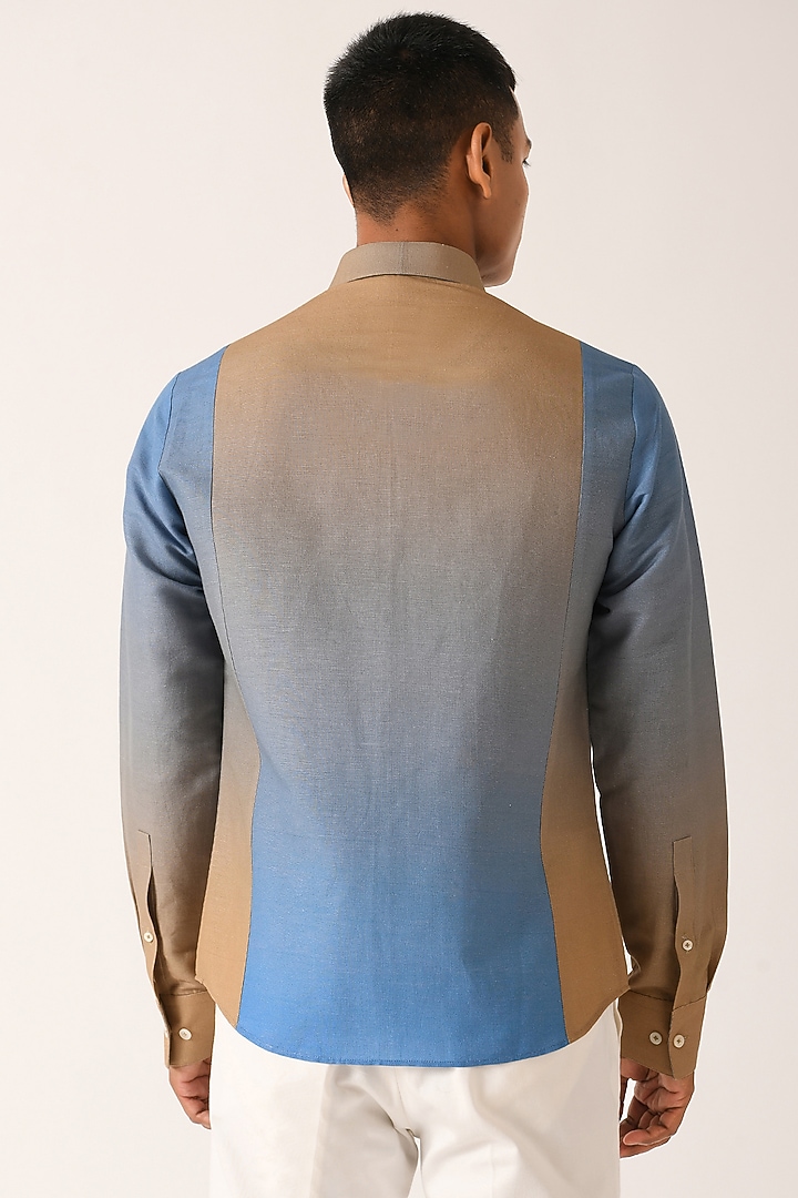 Blue & Beige Cotton Linen Party Wear Shirt by Dhruv Vaish at Pernia's Pop Up Shop