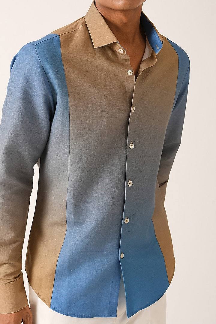 Blue & Beige Cotton Linen Party Wear Shirt by Dhruv Vaish at Pernia's Pop Up Shop