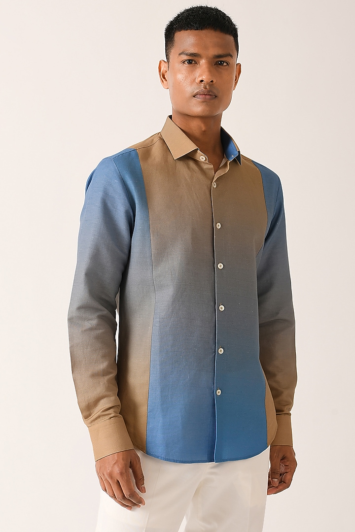 Blue & Beige Cotton Linen Party Wear Shirt by Dhruv Vaish at Pernia's Pop Up Shop