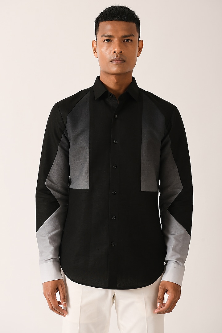 Black Cotton Linen Gradient Shirt by Dhruv Vaish