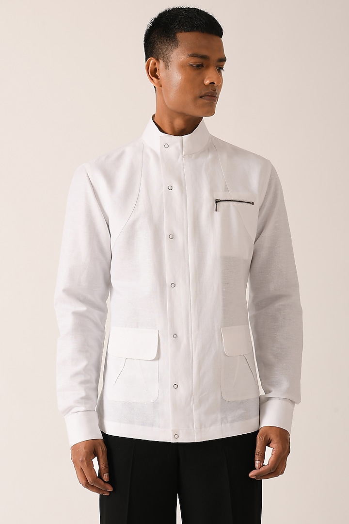 White Cotton Linen Shirt With Zipper by Dhruv Vaish