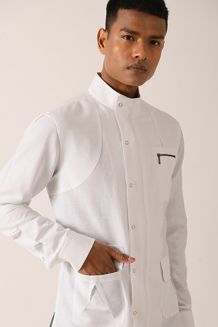 White Cotton Linen Wedding Shirt by Dhruv Vaish at Pernia's Pop Up Shop