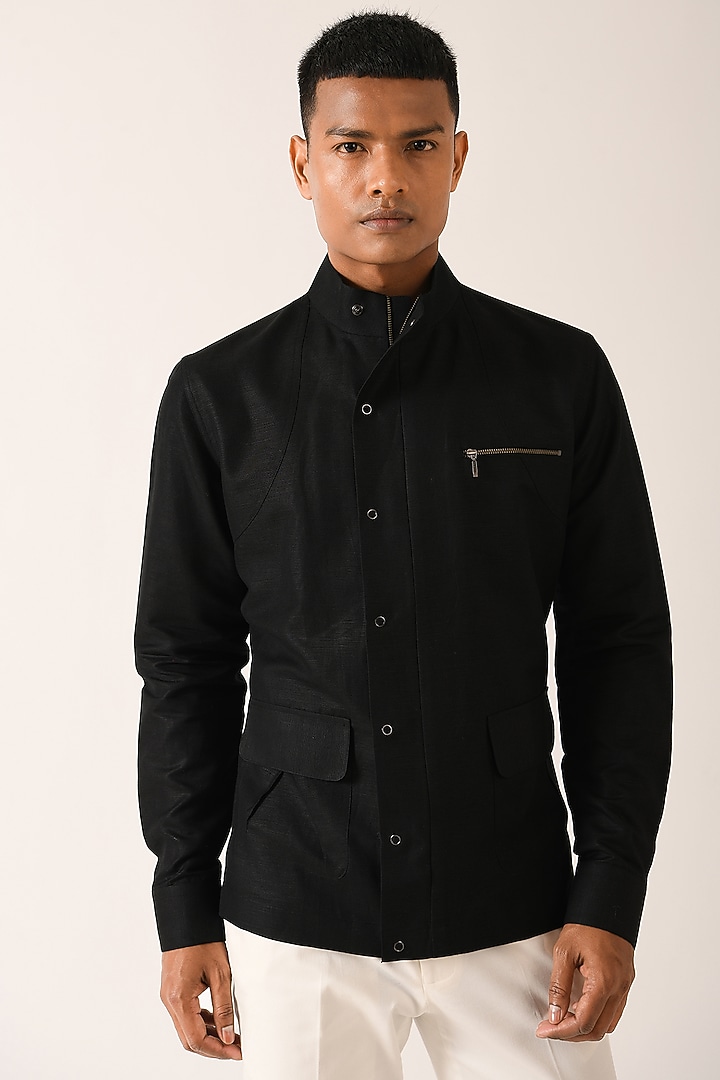 Black Cotton Linen Wedding Shirt by Dhruv Vaish at Pernia's Pop Up Shop