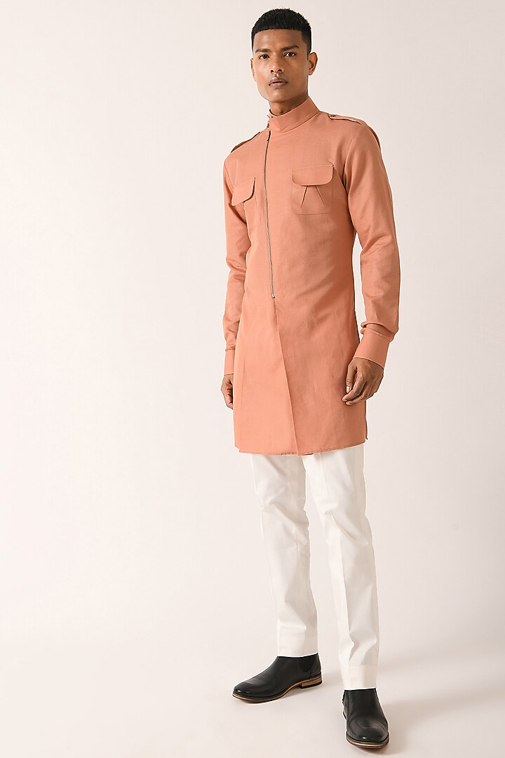 Salmon Pink Cotton Linen Short Kurta by Dhruv Vaish at Pernia's Pop Up Shop
