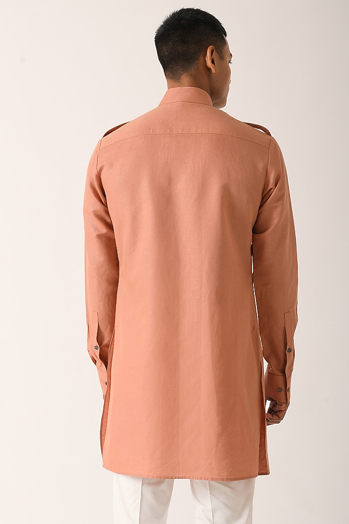 Salmon Pink Cotton Linen Short Kurta by Dhruv Vaish at Pernia's Pop Up Shop