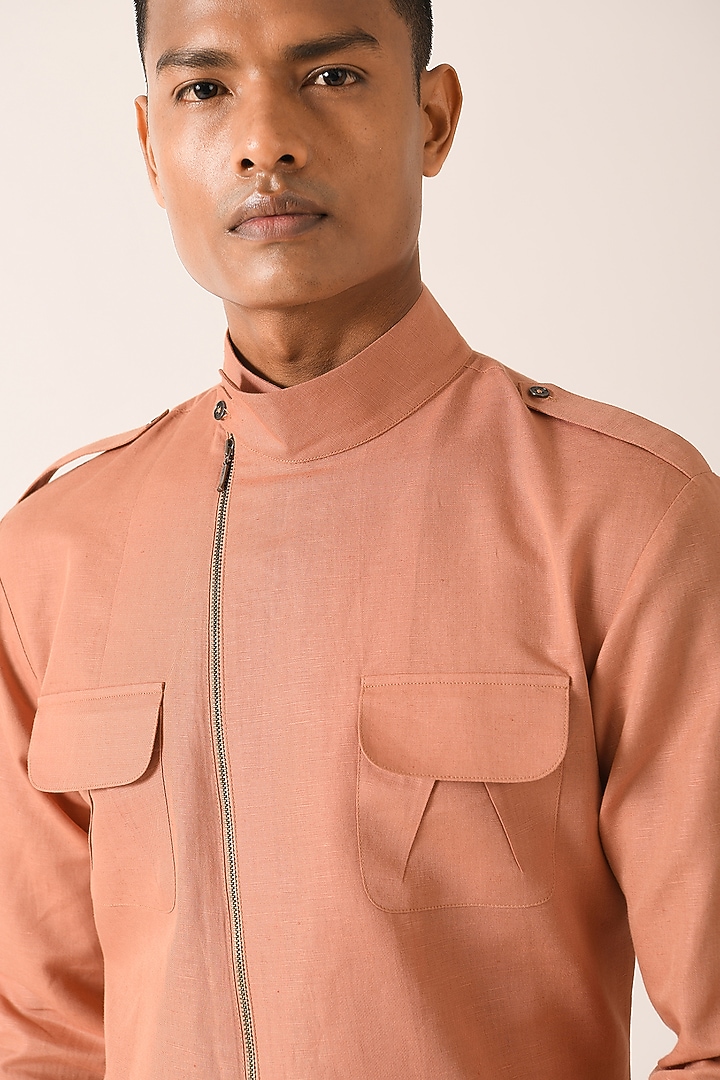 Salmon Pink Cotton Linen Short Kurta by Dhruv Vaish at Pernia's Pop Up Shop