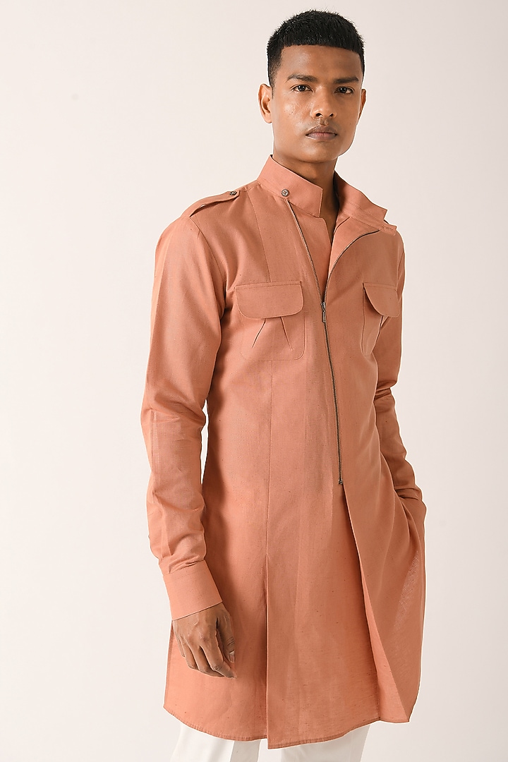 Salmon Pink Cotton Linen Short Kurta by Dhruv Vaish at Pernia's Pop Up Shop