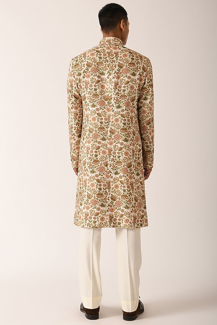 Faded Lemon Color Textured Cotton Silk Printed Wedding Sherwani Set by Dhruv Vaish at Pernia's Pop Up Shop