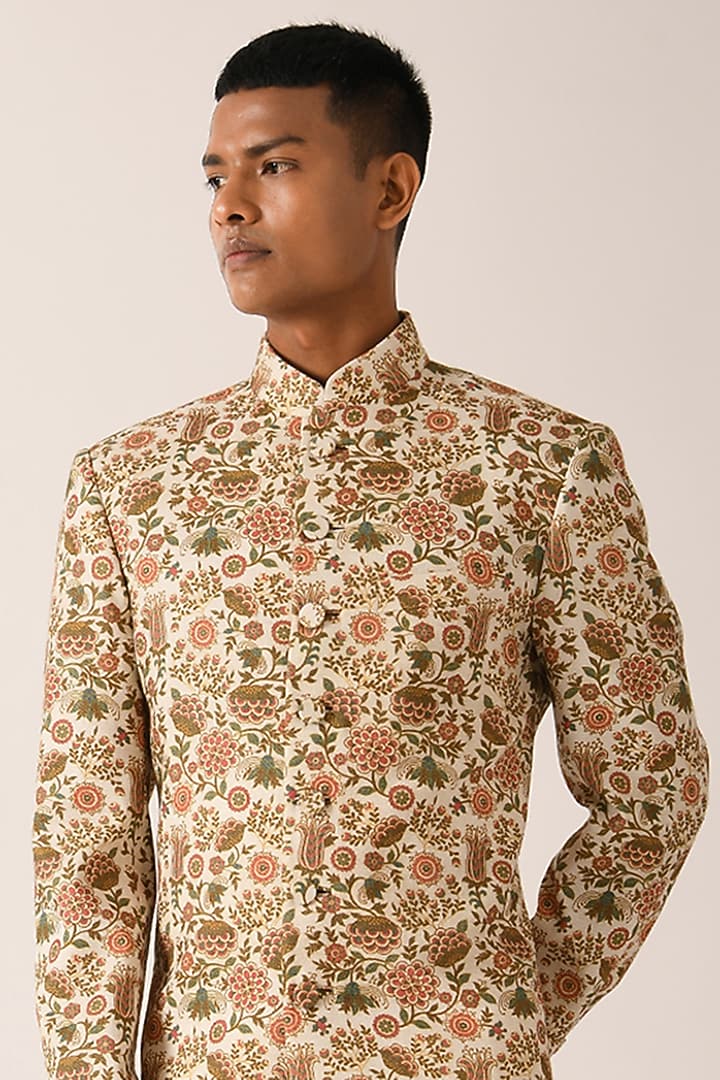 Faded Lemon Color Textured Cotton Silk Printed Wedding Sherwani Set by Dhruv Vaish at Pernia's Pop Up Shop