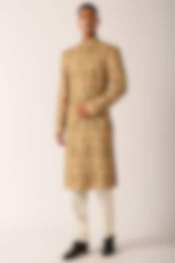 Faded Lemon Printed Sherwani Set with Hand Embroidery by Dhruv Vaish