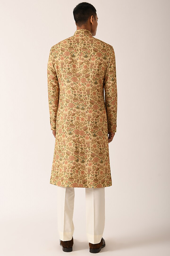 Faded Lemon Textured Cotton Silk Printed & Hand Embroidered Groom Sherwani Set  by Dhruv Vaish at Pernia's Pop Up Shop