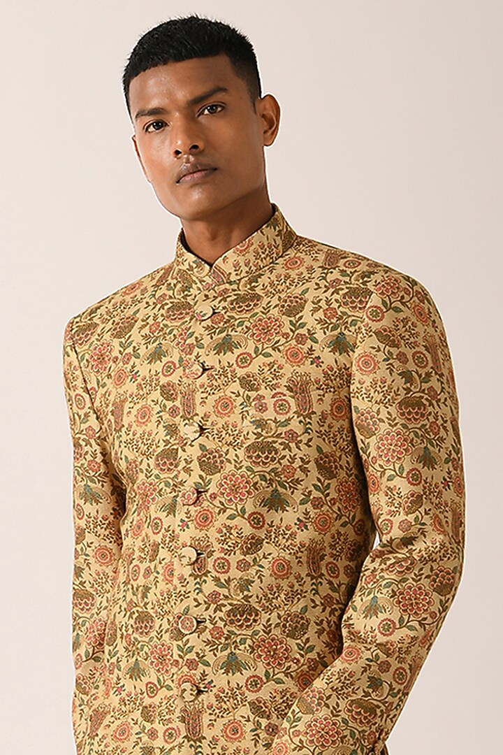 Faded Lemon Textured Cotton Silk Printed & Hand Embroidered Groom Sherwani Set  by Dhruv Vaish at Pernia's Pop Up Shop