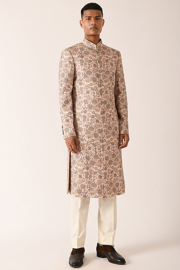Floral Mist Printed Sherwani Set with Hand Embroidery by Dhruv Vaish