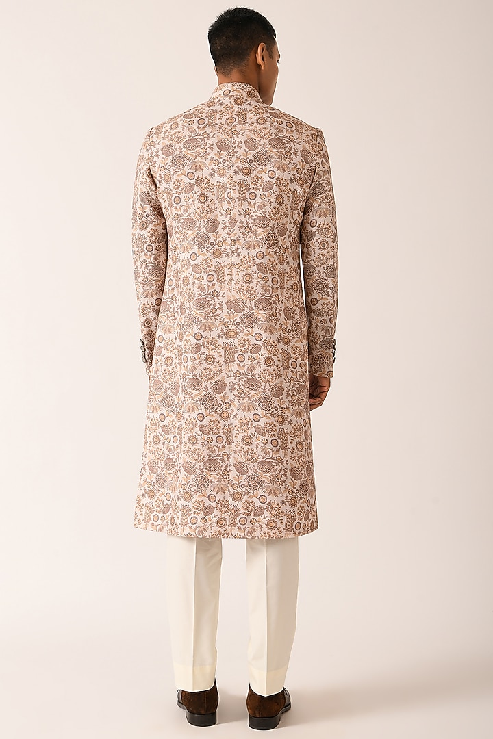 Cream Textured Cotton Silk Floral Printed Groom Sherwani Set by Dhruv Vaish at Pernia's Pop Up Shop