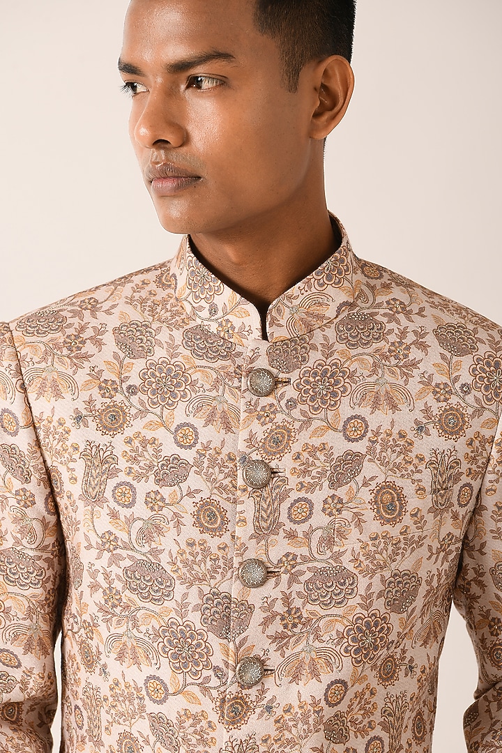 Cream Textured Cotton Silk Floral Printed Groom Sherwani Set by Dhruv Vaish at Pernia's Pop Up Shop